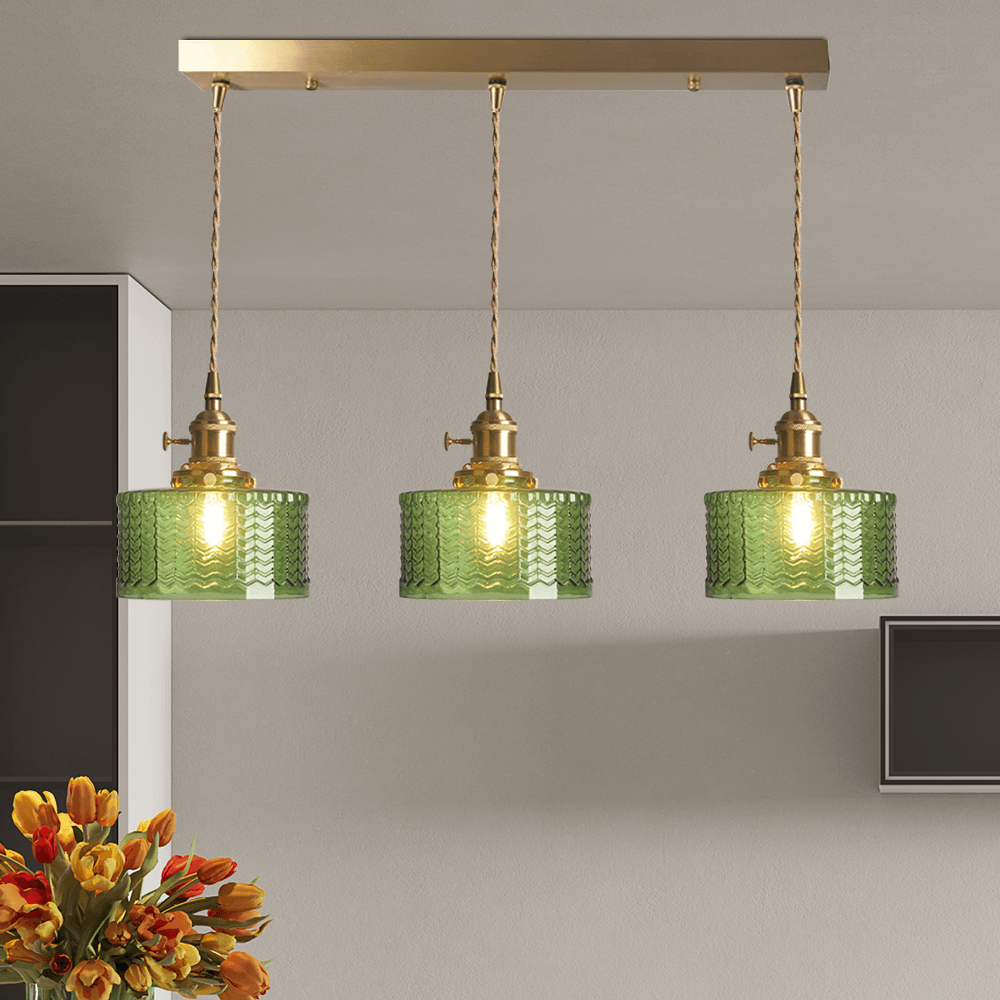 Vintage Green Brass and Glass Pendant Light