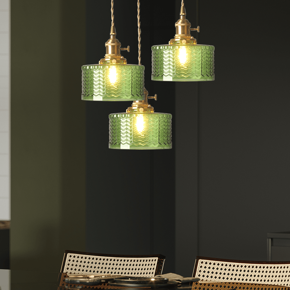 Vintage Green Brass and Glass Pendant Light