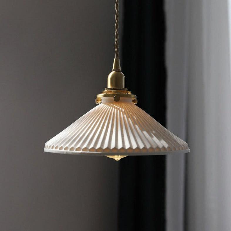 Vintage Brass Pleated Ceramic Pendant Light